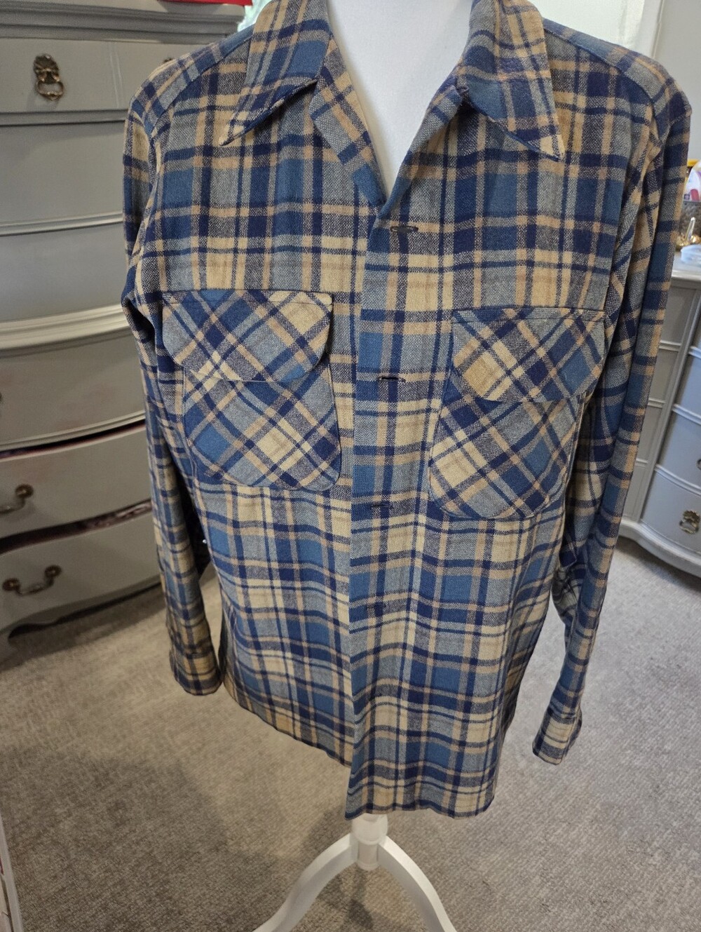 Pendleton Blue and Cream Plaid Long-Sleeve Wool Shirt